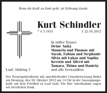 Traueranzeige von Kurt Schindler von Pegnitz-Zeitung